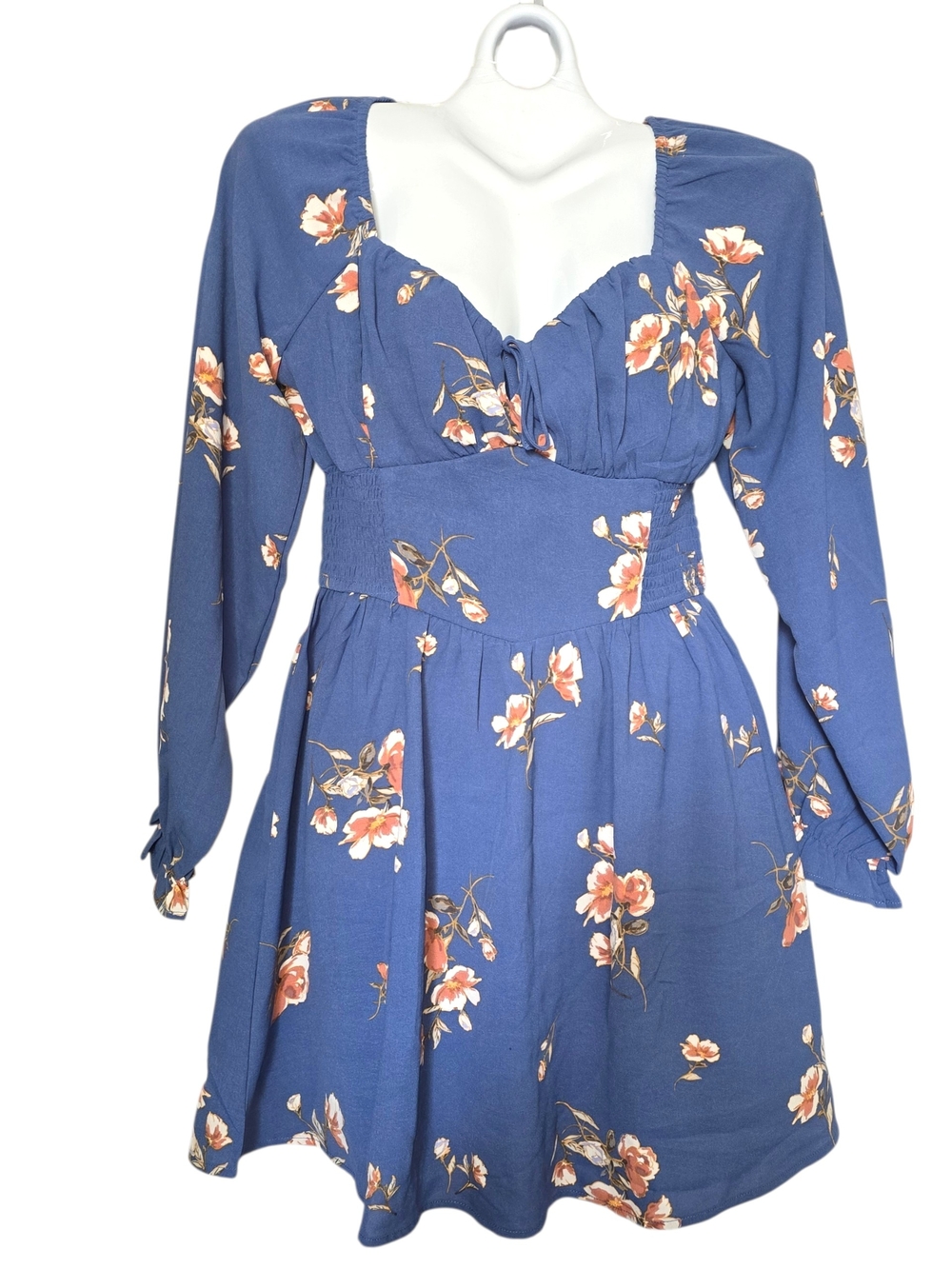 Inspired Hearts Floral V-Neck Long Sleeve Blue Dress